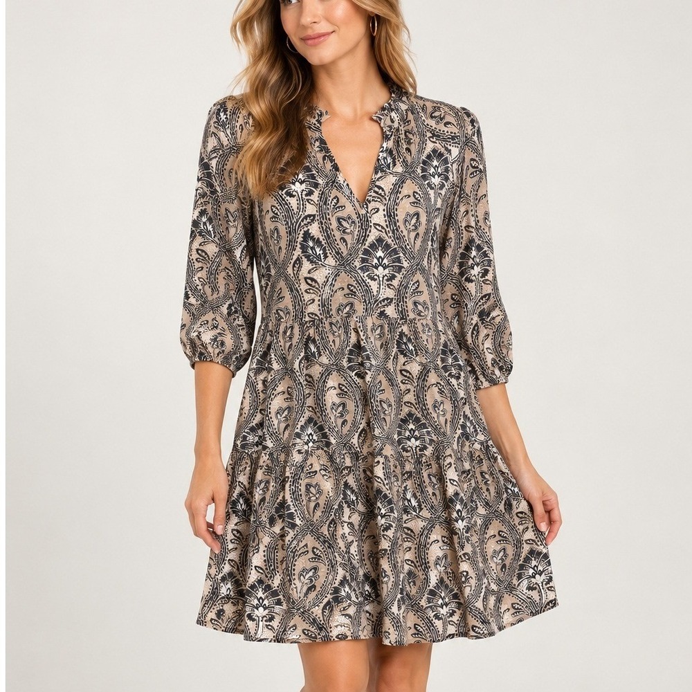 Spartina 449 Womens Paisley Tiered Midi Dress Split Neck Tan Black Small